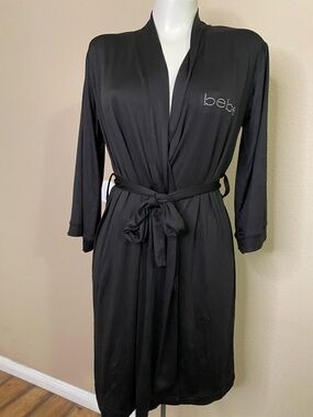 bebe Black Satin Lounge Robe with Crystal Logo